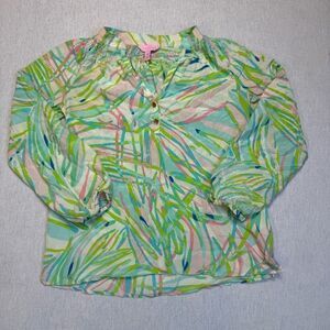 Lilly Pulitzer Women's Elsa 100% Silk Long Sleeve Shirt Green/Pink Sz XXS